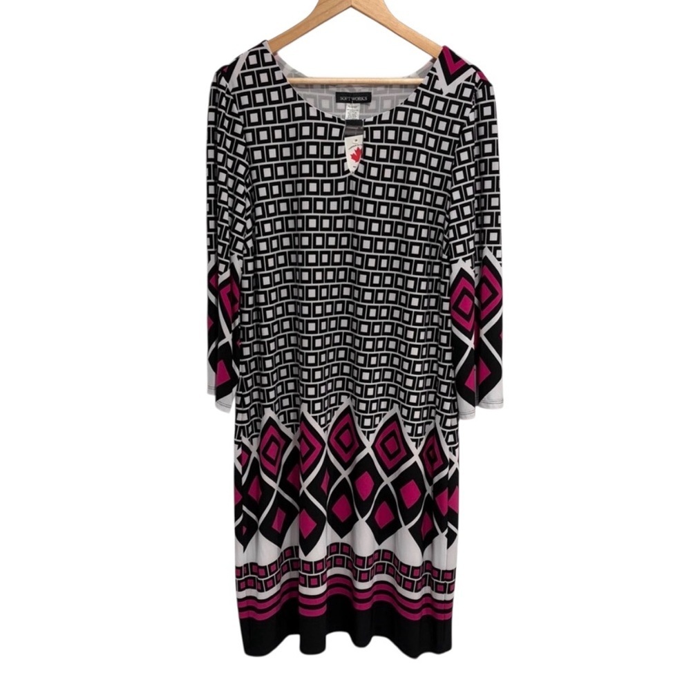 Soft Works Geometric Long Sleeve Dress Silver Detail Stretch NWT